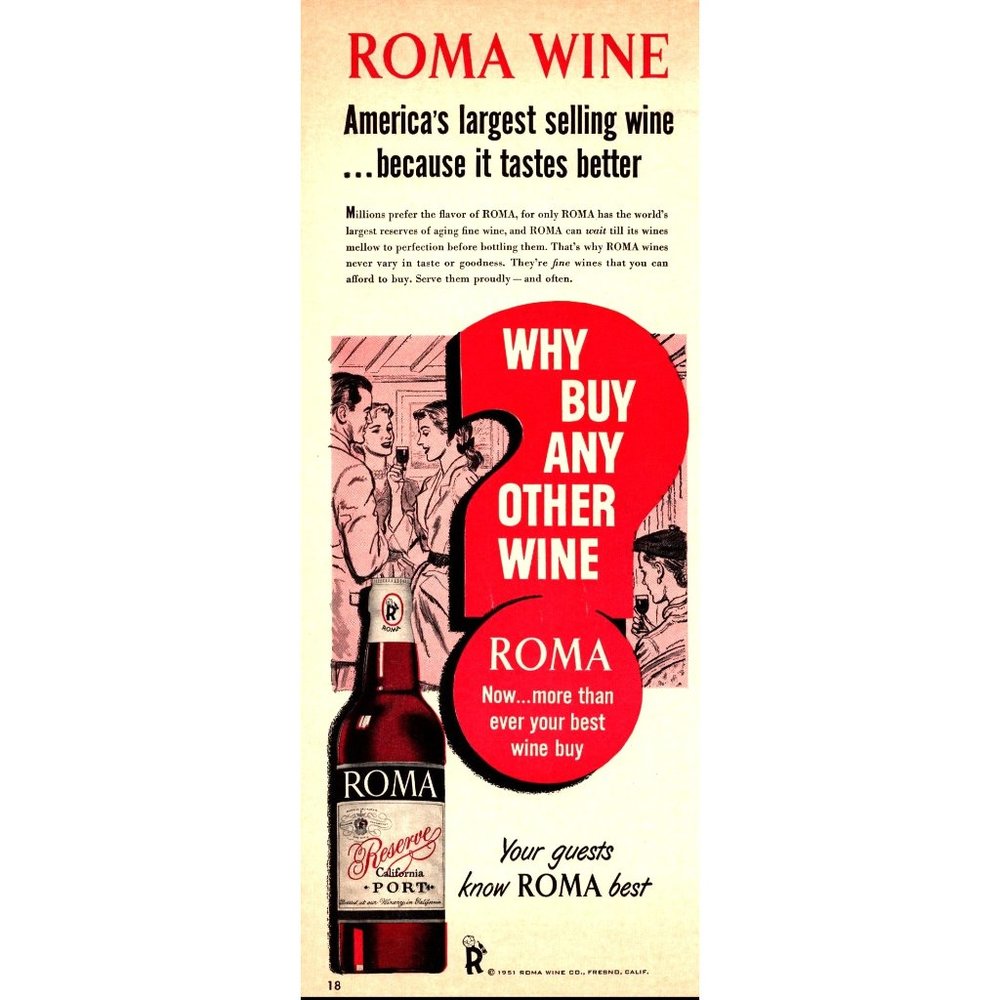 1951 Roma Wine California Port Vintage Print Ad Dinner Party Fresno Wall Art